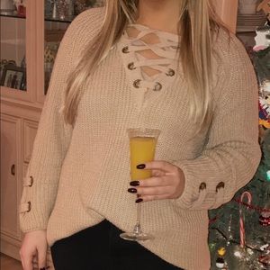 Tan Lace Up Sweater